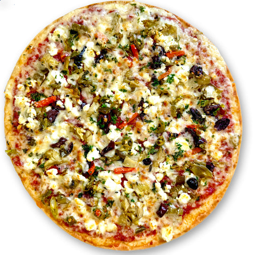 A fully-cooked pizza with a variety of Italian toppings including artichoke hearts, olives, feta, mozzarella, and provolone, garnished with fresh parsley and oregano on a white background.